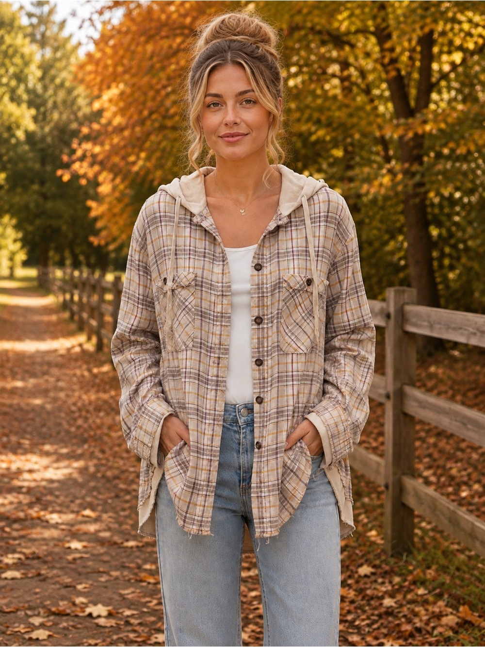 Oli & Hali Beige Plaid Hooded Flannel Shacket